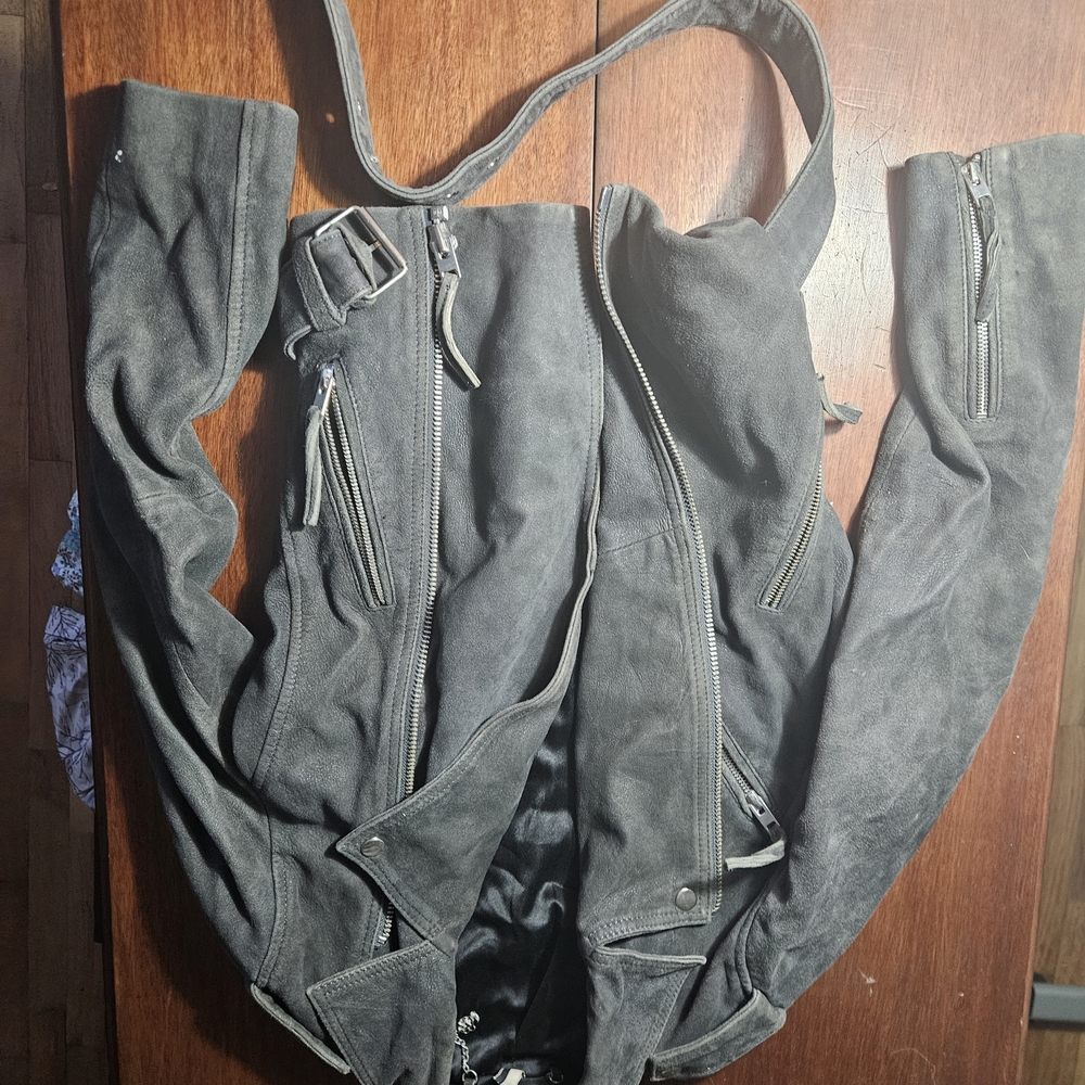 Gray Suede Jacket with Zipper Details